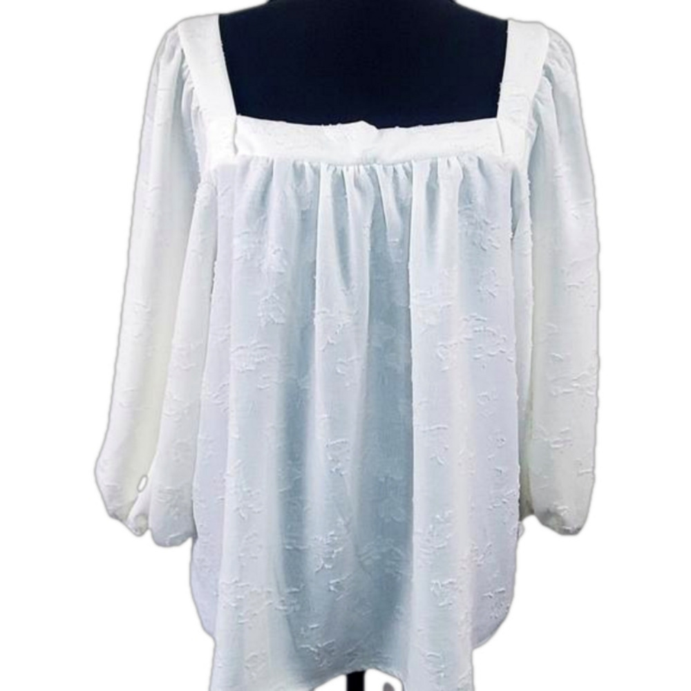 Ces Femme White square necklaces balloon sleeves flowy top size L | NWOT